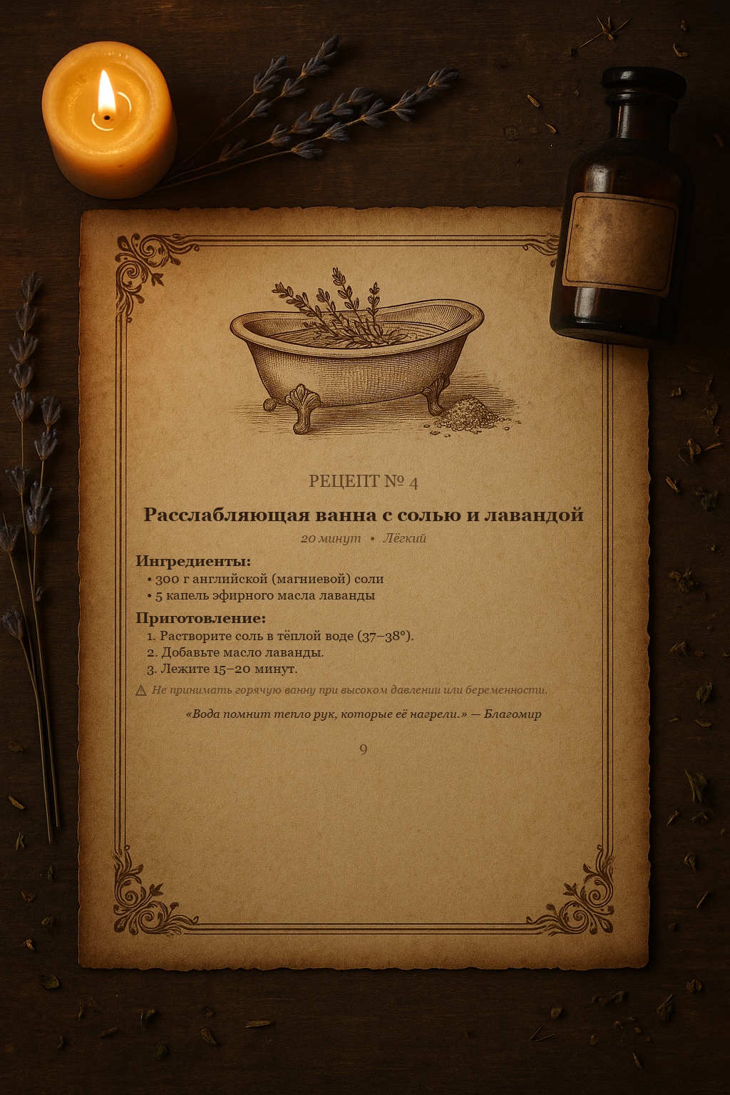 Страница книги — расслабляющая ванна с солью и лавандой